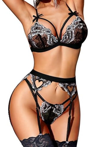 RSLOVE Conjunto de lencería para Mujer con Liguero de 3 Piezas de Encaje Negro y Blanco M
