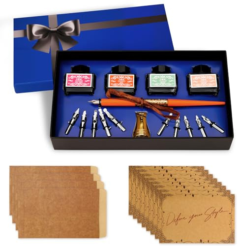 ZUSUZU Kalligraphie Set 28-teilig – Retro-Kalligraphie Feder mit 10 Federn,4 farbigen Tinten,Bronzehalter,Papier & Umschlägen – Ideal für Anfänger zum Üben,Praktisch & Elegantes Geschenk