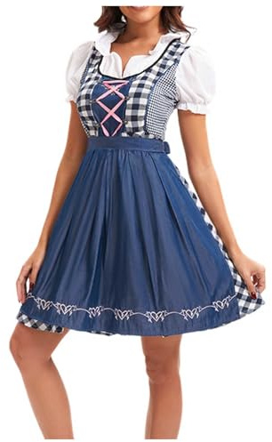 Dirndl - Abito tradizionale bavarese da donna, colore blu, classico, con grembiule in pizzo, 2 pezzi, elegante gonna tradizionale, vestito bavarese per abbigliamento Oktoberfest