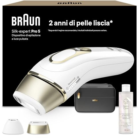 Braun Silk·expert Pro 5 Epilatore Luce Pulsata, Epilazione A Casa, Alternativa All’Epilazione Laser, Con Custodia, 2 Testine, Idea Regalo, Bianco/Oro, PL5140