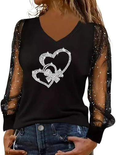 Nättopp damer festival glitter, festoutfit damer sexig klubb glittertopp lös passform skjorta blus transparent tröja hjärta blusar långärmad t-shirt ledig damtröja motiv nyårsafton, Vit, S