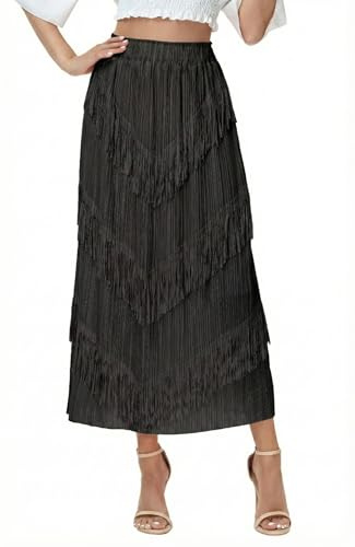 Kisidoo Elegant Long Fringe Skirt for Women,High Waist Boho Midi Maxi Skirt with Artistic Tassel Trim for Wedding Concert Office Black