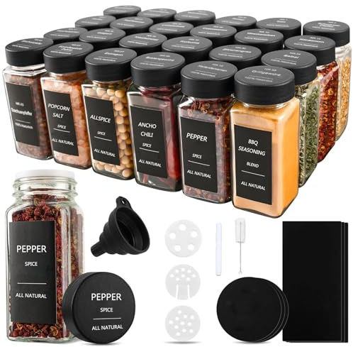 Suetou Tarros de especias con bandeja para esparcir 24 x 120 ml + 192 etiquetas resistentes al agua, tarros herméticos para especias rectangulares, juego de tarros de especias vacíos, tarros de