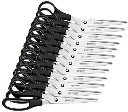 Westcott Schere 8 (20,3 cm) Schwarz Linkshänder 12 Stück | Büroschere mit schwarzen Kunststoffgriffen | Extrascharfe Klinge, rostfreier Edelstahl | Papierschere, Haushaltsschere | E-31182 00