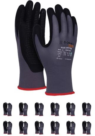 DONAU SAFETY Flex-Dotted Guantes de trabajo con mango antideslizante Noppen/Talla 07, 12 pares/Gris-Negro/Mecánico/Guantes de Montaje Mecánico/Recubierto de Nitrilo Ligeramente Resistente al Aceite,