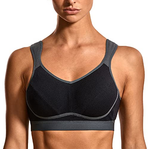 SYROKAN Women's Comfort Sports Bra High Impact for Large Breasts Wireless Stretch Support Bounce Control Black/Grey-1 34F
