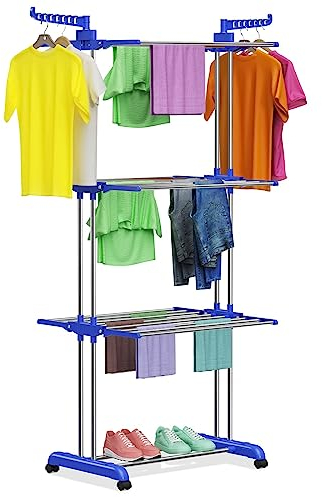 Innotic Etendoir Linge Intérieur et Extérieur, 4 Niveaux Séchoirs à Linge Pliable et Extensible Peu Encombrant, Grande Capacité Seche Linge Etendoir avec Roues, Acier Inoxydable, 170cm, Bleu Gris