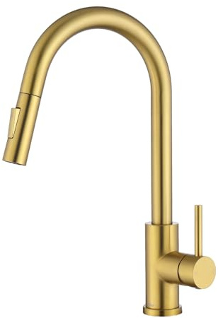 Tohlar Gold Kitchen Faucets with Pull-Down Sprayer, Modern Kitchen Sink Faucet Stainless Steel Single Handle Kitchen Faucet with Deck Plate, Brushed Gold