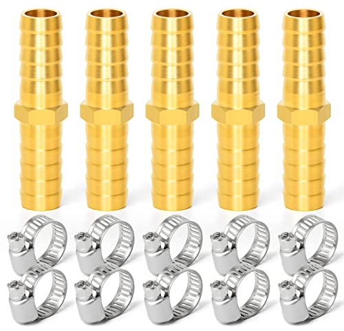 ERGAOBOY 5 Stk 13mm Messing Schlauchtülle, 2 Wege gerade Schlauchverschraubung mit 10 Stk Schellen