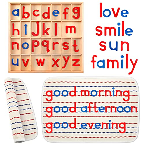 Montessori Lettere mobili in legno con scatola e grande stuoia lettere dell'alfabeto in legno piccoli vassoi Montessori ortografia prescolare materiali linguistici Oggetti, rosso, blu