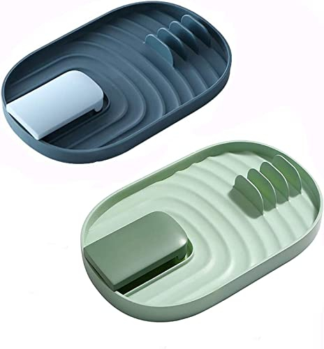 iTYOOS Coperchio Pentola 2 Pezzi e Porta Cucchiaio, Mensola Portautensili, Mensola Porta Cucchiai, Portaposate per Evitare Macchie di Gocciolamento (Blu e Verde)