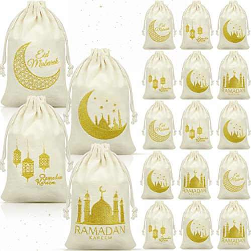 Photect 50 Stück Ramadan Sackleinen Taschen Eid Mubarak Geschenktasche Jutebeutel mit Kordelzug Islamische Eid Geschenke Kleine Beutel für Muslimische Eid Mubarak Party Dekorationen, 12 x 20 cm