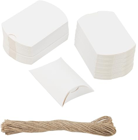 JIAYUET 200 scatole per cuscini di carta bianca, 9 x 7 x 2,5 cm, piccole scatole regalo con 200 corde di canapa, bomboniere per matrimoni, caramelle, scatole per cuscini per feste fai da te