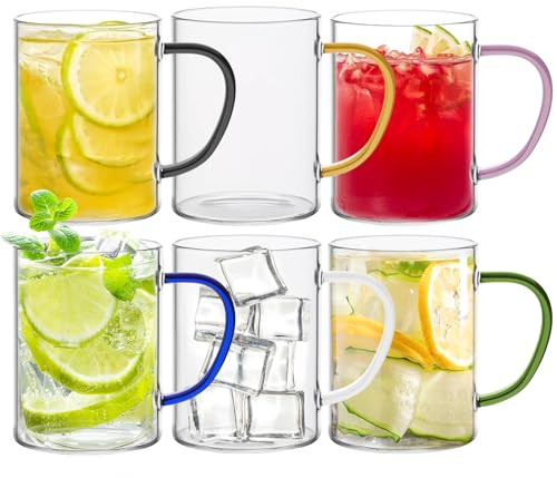 NING GANG Clear Drinking Glasses Cups Mugs Set 380ml/13oz Different Coloured Cup Handles Used for Home Party to Drink hot Milk Tea and Coffee Set of 6