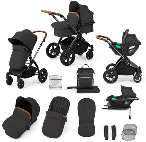 Ickle Bubba Luxe Travel System & Cirrus Car Seat (Black/Charcoal/Tan) | All-Terrain Pram, Reversible Seat, UPF 50+ Hood, Rain Cover & Accessories including I-Size Car Seat & Isofix Base