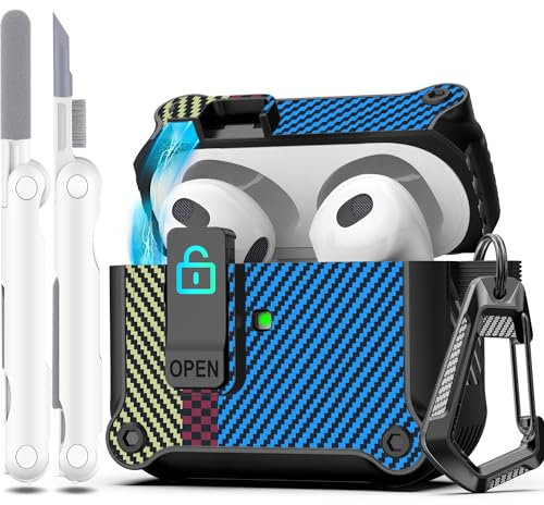 R-fun - Funda para AirPods de 3.ª generación 2021, protección Total contra caídas, Tapa emergente automática para Apple Airpod 3 Gen con Kit de Limpieza y Llavero,Fibra de Carbono Azul