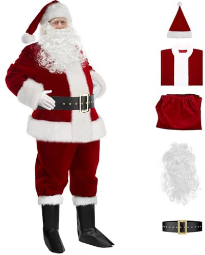 Baymate 10 Pezzi Costume Babbo Natale Uomo Vestito Babbo Natale in Velluto Rosso con Set Completo di Accessori da Babbo Natale per Natale