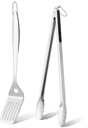 Grill Zubehör, Onader 2 Stück Edelstahl Grillbesteck Grillzubehör Set, Grillzange und Pfannenwender mit Extra-Langen Griff, Ideal für Gasgrill BBQ Camping, Hitzebeständig, Spülmaschinenfest