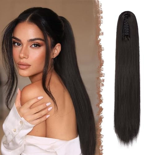 FESHFEN Coletas Postizas con Pinza - Coleta Postiza Pelo Natural Lisa Larga Ponytail Clip de Extensiones de Cabello Negro Marrón Sintético Cola Postizos para Mujeres, 63 cm