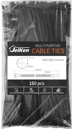 JelKen 150 Pack Black Cable Ties, 300mm x 3.6mm, 12 Nylon Tie Wraps, Self-Locking Strong Zip Ties for Home Office and Garden