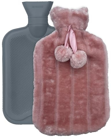 CRYOPAQ Luxury Hot Water Bottle with Cover UK - Large 2L Reusable Hot Water Bag Cute Pom Pom Soft Fluffy Cover - Multipurpose Hot Cold Compress Muscle Pain Relief Back Neck Shoulder Belly - Pink