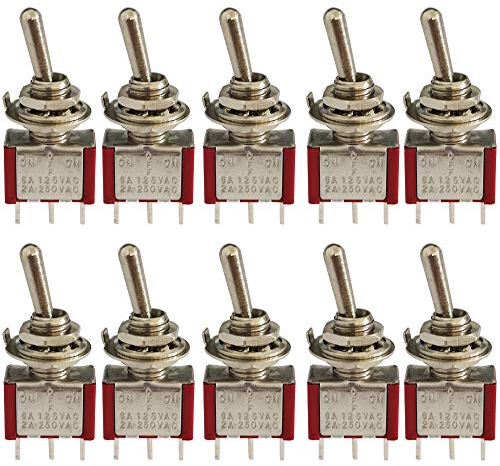 CESFONJER 10 Pièce Mini Interrupteur à Bascule, AC 125V 6A / 250V 2A 3 Pin SPDT ON-Off-ON 3 Broches 3 Position SPDT Interrupteur a Bascule Autobloquant pour Pièces D'auto Rouge