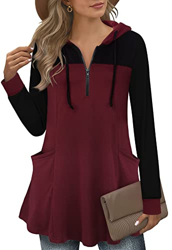Gaharu Pull à capuche pour femme - Tunique à manches longues - Col en V - Élégant - A ligne - Avec poches, Multi-vin, XL