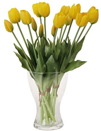 Cn-Knight - 20 tulipani artificiali, steli di tulipani realistici al tatto da 40,6 cm con foglie finte, tulipani e boccioli finti per centrotavola, ornamento, mazzo nuziale, giallo