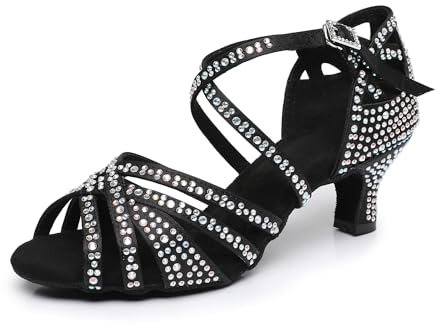 Rosefinch Damen Latein-Tanz-Strass-Schuhe,weiche Unterseite,Moderne Pole-Dance-Ballsaal-Tanz-Hochzeitsschuhe,Latein-Schuhe für Mädchen und Damen,Schwarz 5cm Absatz 39EU