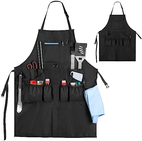 HODRANT Tablier de Cuisine pour Hommes et Femmes avec Poches et Ourlet Fendu, Tablier de Travail avec des Sangles de Cou et de Taille Réglables