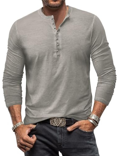 YawYews Långärmad tröja för män, henley-t-shirt för män, vardaglig bomullströja, farfarströja i vintagestil, långärmad t-shirt med knappar, storlek M-3XL