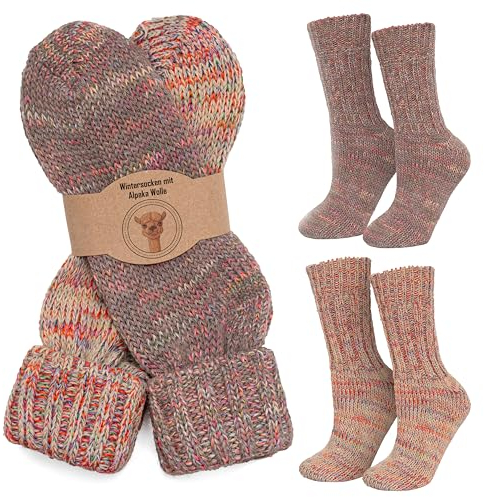 MOUNTREX Alpaka Socken, Wollsocken für Damen, Herren - Warme Wintersocken, Stricksocken mit Umschlag - 2 Paar (37-41, Beige/Grau)