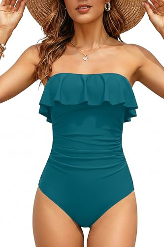 Holipick Costumi da Bagno Interi Senza Spalline per Le Donne Controllo della Pancia Costumi da Bagno a Fascia Costumi da Bagno Dimagranti Volant, Verde Acqua, L