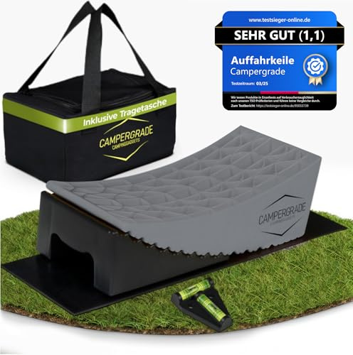 CAMPERGRADE Lot de 2 cales de chargement pour camping-car – Maintien maximal [avec niveau à bulle, tapis de sol] Cales de roue pour caravane et remorque – Pas d'enfoncement – Lot de 2 universelles,