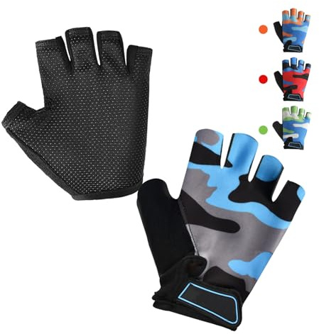 CubePlug barn halvfinger fingerlösa cykelhandskar – andningsbara, halkfria, stötsäkra, UV-skydd barnvantar – perfekt för utomhussport, träning, klättring, skateboard (camouflage blå, S)