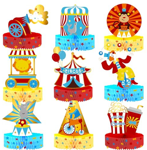 NICROLANDEE Decorazioni per feste di carnevale, 9 pezzi, decorazione da tavolo a nido d'ape, circo, animali a nido d'ape 3D, centrotavola per carnevale, circo, tema compleanno, baby shower,