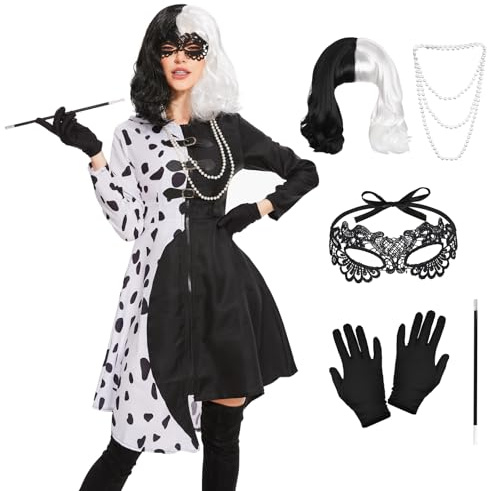 Costume da Crudelia Deville, Crudelia Demon Costume Donna con Parrucca Collana, Cappotto con Cappuccio in Stile Abito Vestito Donna Cruella Deville Adulti Abito per Halloween Carnevale Cosplay Feste