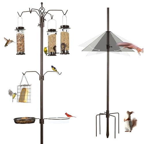 YINGYM 6-Hook Bird Feeding Station Kit, 94 Inch Heavy Duty Bird Feeder Stand Pole for Outdoors Hanging with 4 Feeders, Wide Metal Squirrel Baffle, Attracting Wild Birds