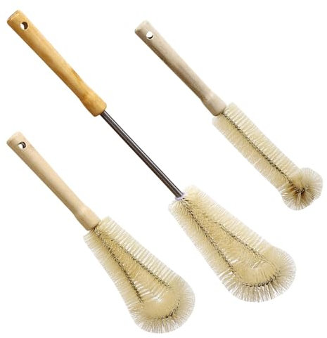 3pièces Goupillon Bouteille, Brosse De Nettoyage pour Bouteilles d'eau avec Poils Doux en Nylon Dense Et Manche en Bois, Brosses De Nettoyage À 360 Degrés pour Verres À Vin, Théière, Biberons
