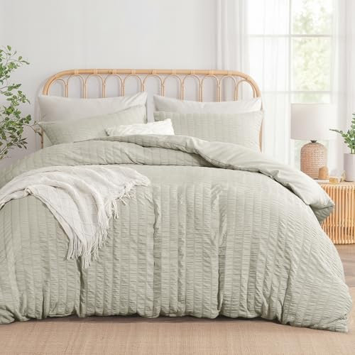 Aisbo Double Duvet Cover Set Beige Seersucker Bedding Set with 2 Pillowcases, Soft Breathable Textured Puckering Bed Quilt Cover Set with Zipper (200×200cm) 3pcs