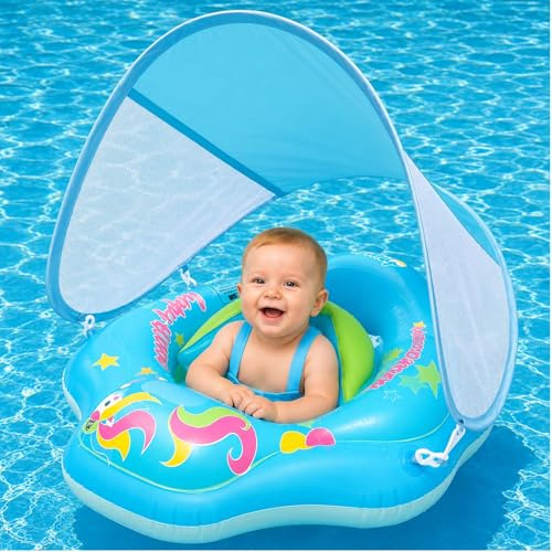 Baby Swimming Float, Baby Pool Float with Canopy, Inflatable Unicorn Baby Swim Float with Safety Seat, Pool Swimming Float Bathing Accessories for Age 3-12 Months Newborn Kids Toddlers
