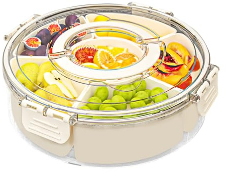 Pmueuff Snackbox mit Fächern, Rund Snackteller mit Deckel und Griff Drehbare Snack Box Snackschale mit 6 Schalen Tragbare Snackdose Organizer für Süßigkeiten Obst Keksen Dessert Gemüse Nüsse
