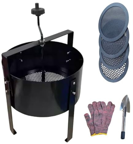 Tamiz giratorio para suelo de jardín, tamiz de tierra con tamaños de malla reemplazables (3/6/8/10) mm, pala y guantes, acribador de acertijos de tierra de acero, acertijo giratorio
