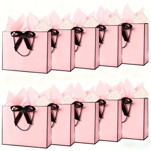 Large Pink Gift Bags for Present | 10 Pcs Pink Bags with Bows Cards Wrapping Paper, Suitable Birthday Wedding Baby Shower Party Engagement Housewarming