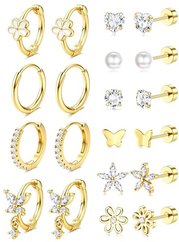 FIOROYAL 10 Paar Ohrringe Gold Damen Mädchen Kinder 14K Vergoldete Hypoallergene Ohrstecker Chirurgenstahl Ohrringe Set Creolen Süße Piercing Ohr Helix Piercings Schmuck Damen Geschenk G1