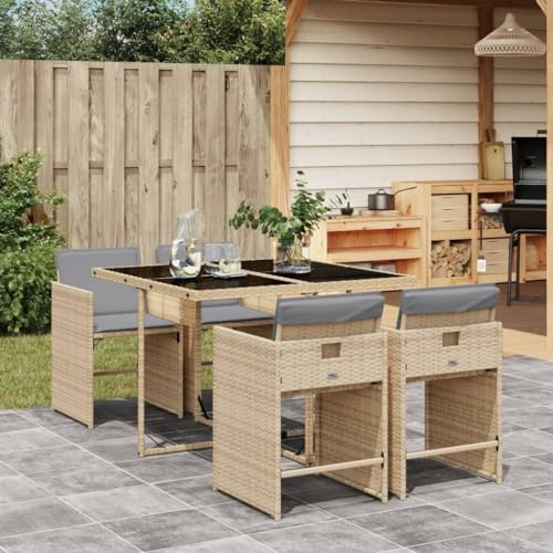 QJBSAVVA Gruppo da giardino in rattan sintetico, beige, 110 x 106 x 73 cm, con sedie e cuscini pieghevoli, per esterni, moderno, per giardino, balcone, terrazza