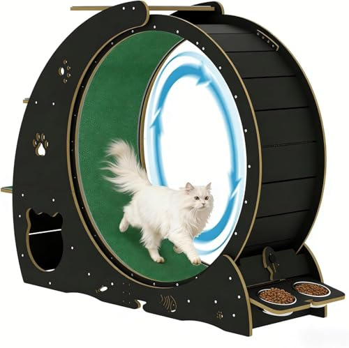 Large 55 Cat Wheels for Indoor Cats, Cat Treadmill Exercise Wheel with Built-in Bowls, Scratching Post & 3-Tier Jumping Tower for Walking and Training, Black