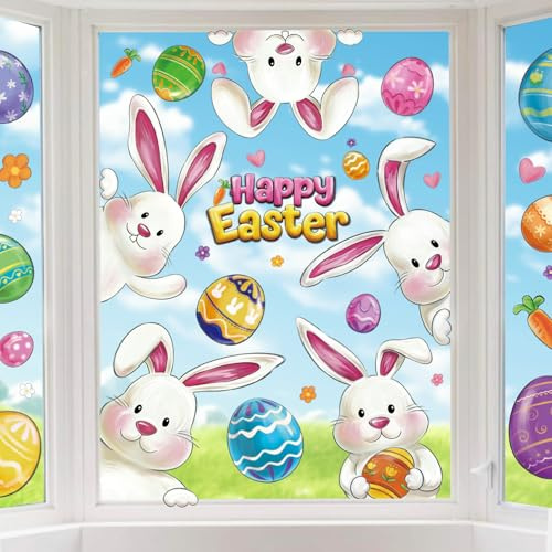 gyoyede Easter Window Stickers, 6 Sheets Reusable Easter Window Clings Decorations, Double Sided Window Stickers with Eggs Bunny for Home Office Shop Window Decorations