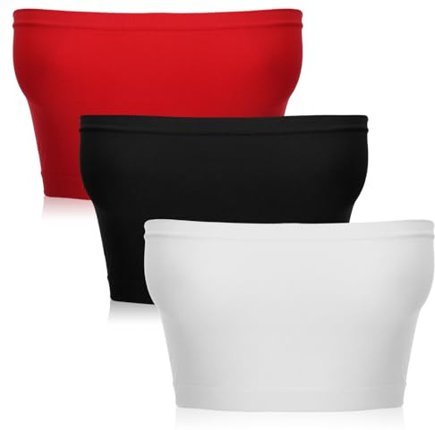 3 Pcs Women's Tube Top Pack, Summer Elasticity Strapless Bandeau Top, Bandeau Basic Strapless Tank Tops Crop Tops Sleeveless Shirt for Women, Black, White, Red