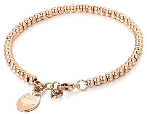 JewelryWe Katze Armband Perlenarmband Damen: Rosegold Edelstahl Charme Perlen Armband Verstellbar Handgelenk Kugel Perlenkette Armreif mit Lucky Cat Glückskatze Anhänger Geschenk für Frau Mädchen